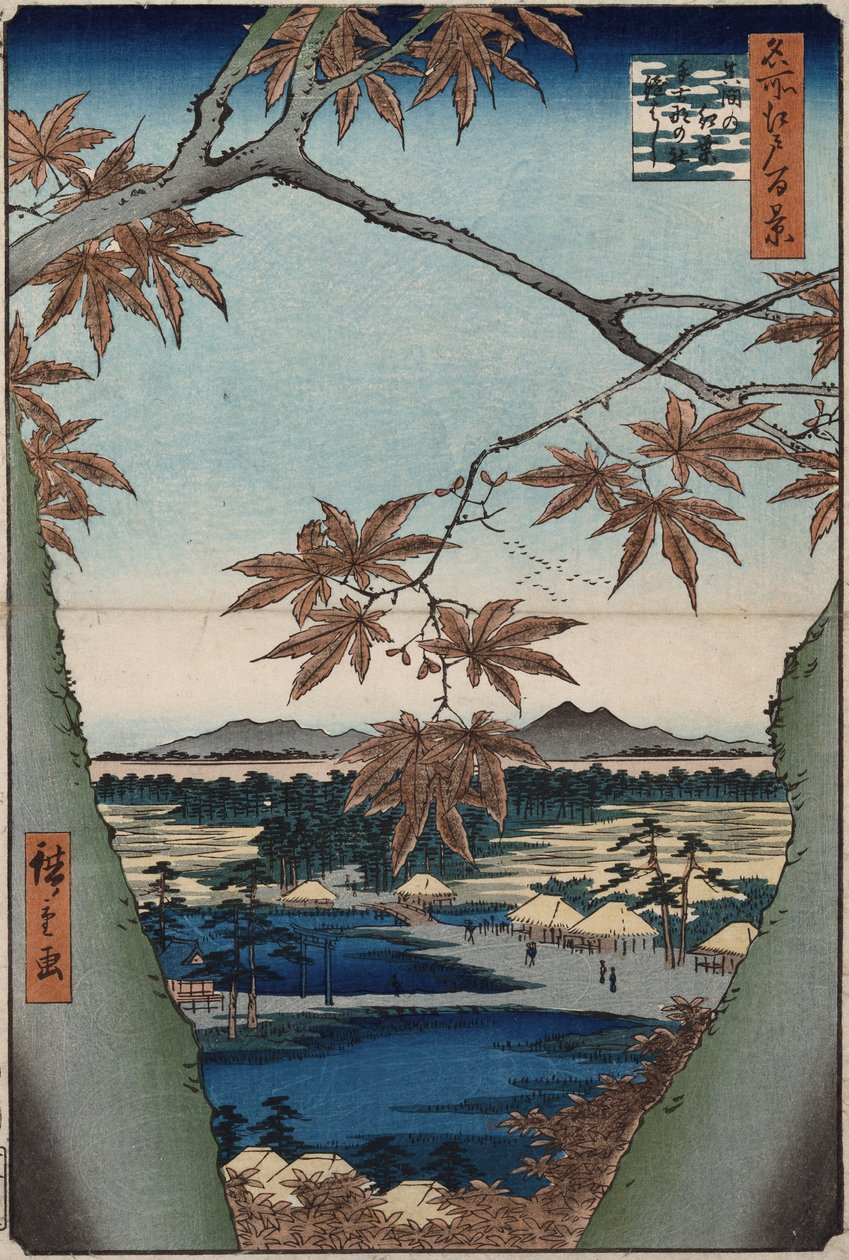 Maple leaves and the Tekona Shrine, and the Bridge at Mama, fra serien "One Hundred Views of Famous Places in Edo" af Ando or Utagawa Hiroshige