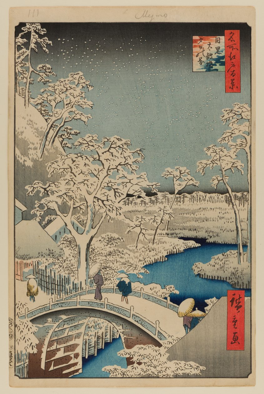 Meguro Drum Bridge og Sunset Hill af Ando or Utagawa Hiroshige