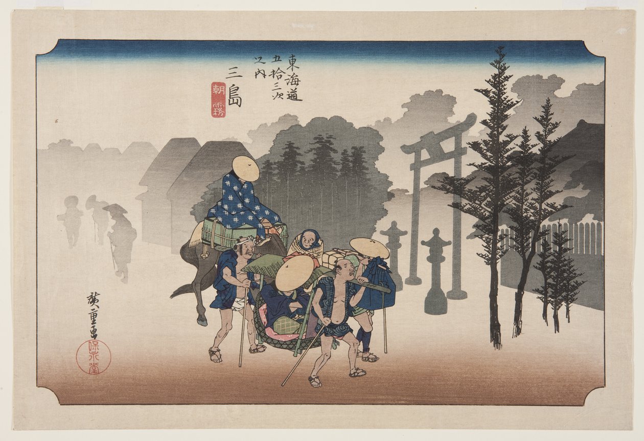 Mishima: Morning Mist (Mishima, asagiri) (træbloktryk i farver) af Ando or Utagawa Hiroshige