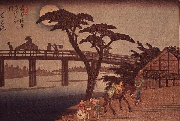 Måneskin over Nagacubo, ca. 1840 (yoko-e vandret format farve træblok print) af Ando or Utagawa Hiroshige