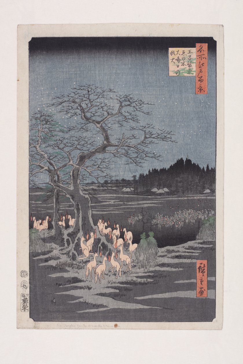 Nytårsaften Foxfires at the Changing Tree, ?ji (?ji Sh?zoku enoki ?misoka no kitsunebi) (træbloktryk i farver) af Ando or Utagawa Hiroshige