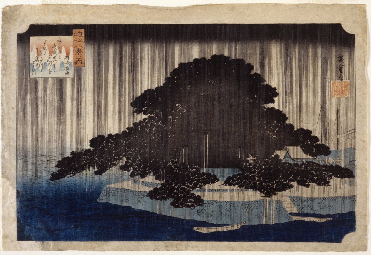 Night Rain At Karasaki (træbloktryk i farver) af Ando or Utagawa Hiroshige
