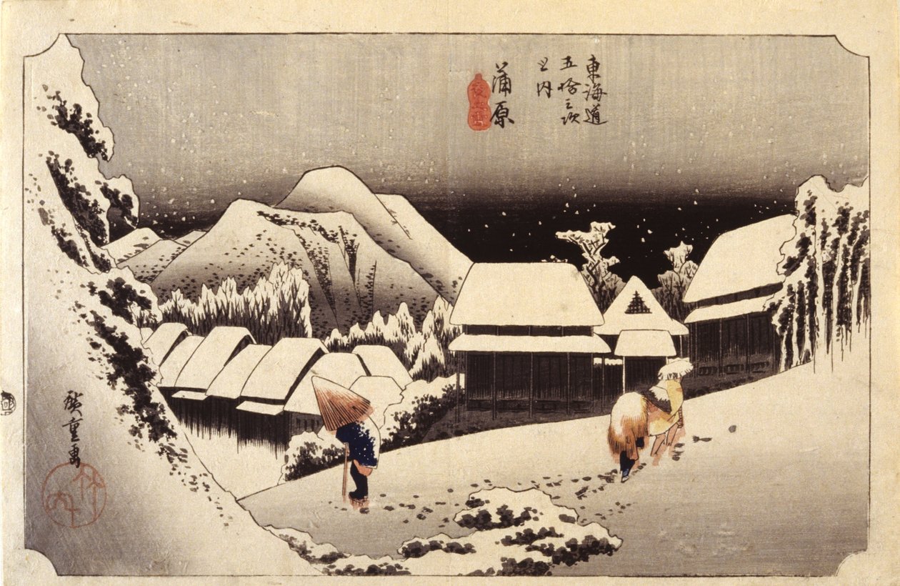 Night Snow in Kanbara, #16 (Color Woodcut) af Ando or Utagawa Hiroshige