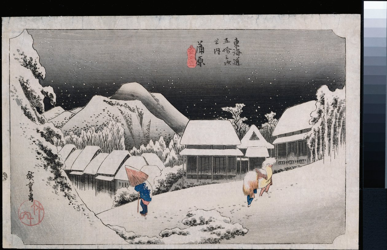 Night Snow, Kambara", fra serien "The Fifty-Three Stations of the Tokaido" af Ando or Utagawa Hiroshige