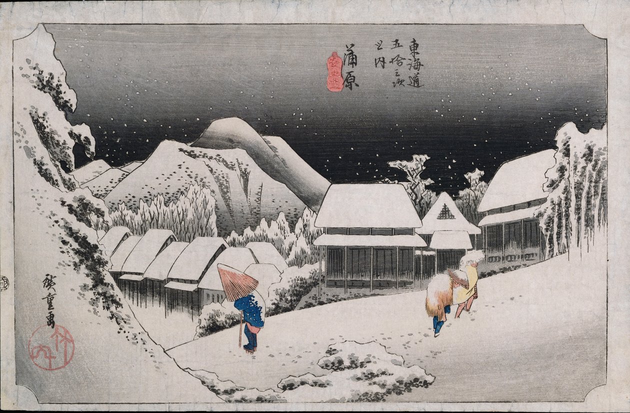Night Snow, Kambara, illustration fra serien "Fifty-three Stations on the Tokaido", ca. 1834-35 af Ando or Utagawa Hiroshige