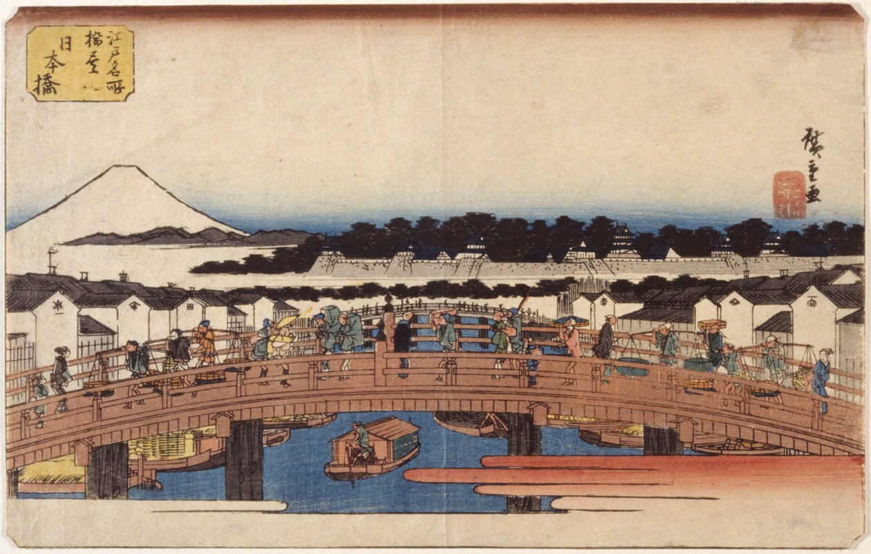 Nihonbashi (træblok i farver) af Ando or Utagawa Hiroshige
