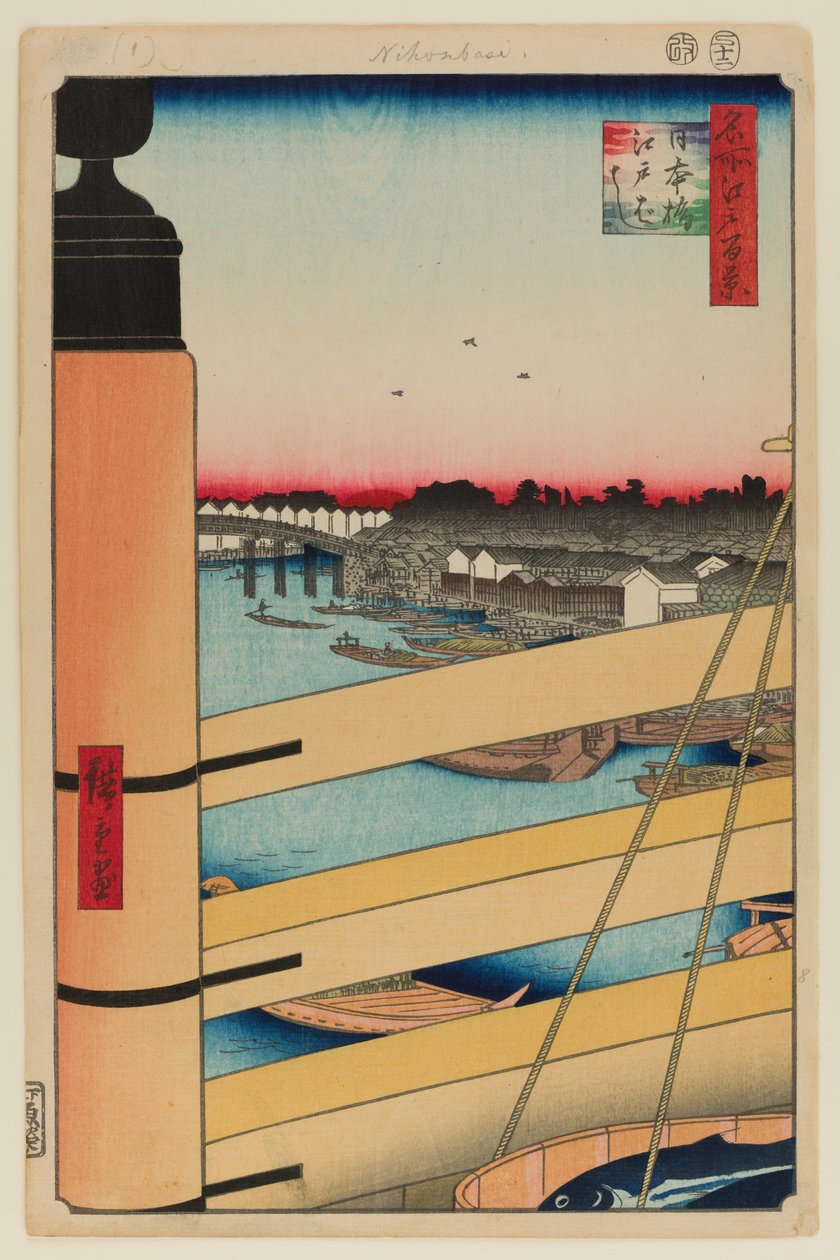 Nihonbashi-broen og Edobashi-broen (Nihonbashi til Edobashi) af Ando or Utagawa Hiroshige