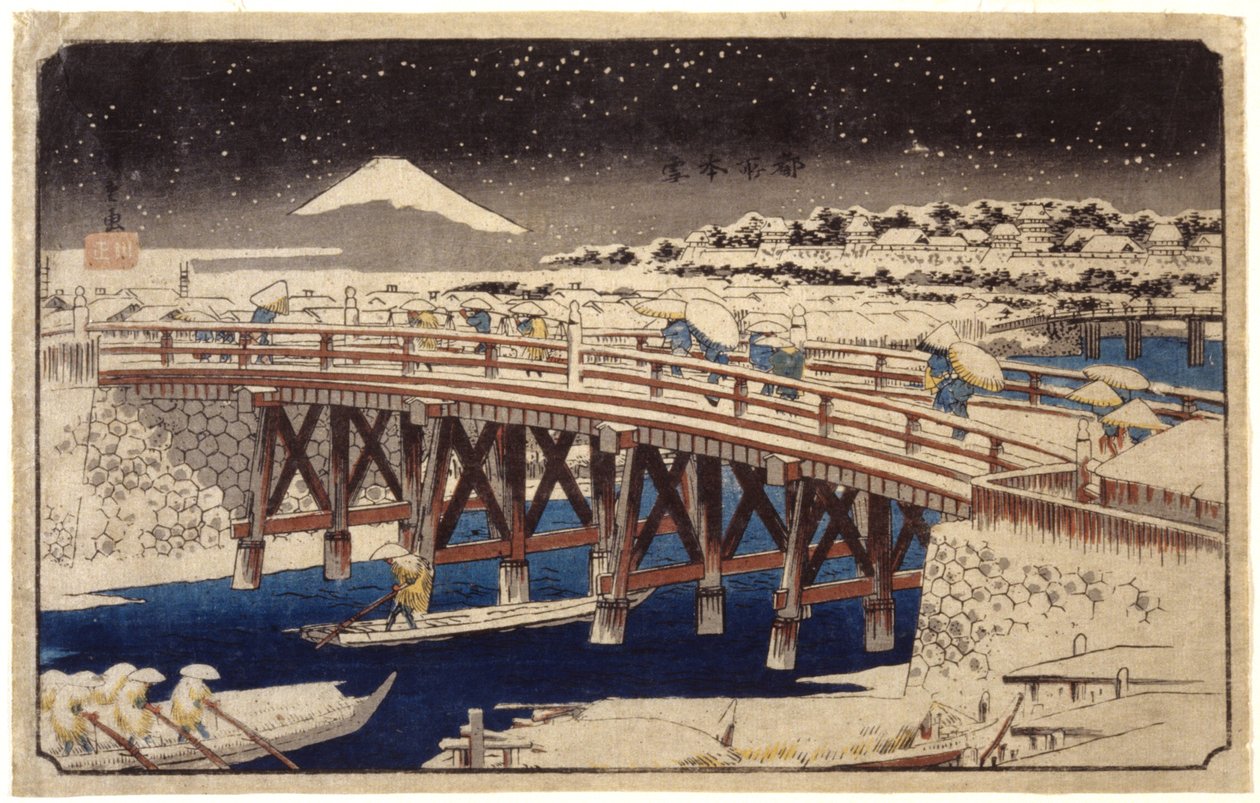 Nihonbashi In The Snow (træbloktryk i farver) af Ando or Utagawa Hiroshige