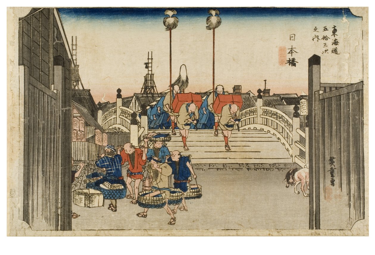 Nihonbashi: Morning View fra serien The Fifty-three Stations of the Tokaido, ca. 1831-1834 (træbloktryk på papir) af Ando or Utagawa Hiroshige