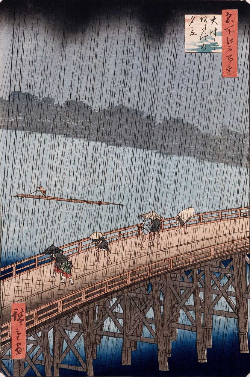 Ohashi, Sudden Shower at Atake, fra serien "One Hundred Views of Famous Places in Edo" af Ando or Utagawa Hiroshige
