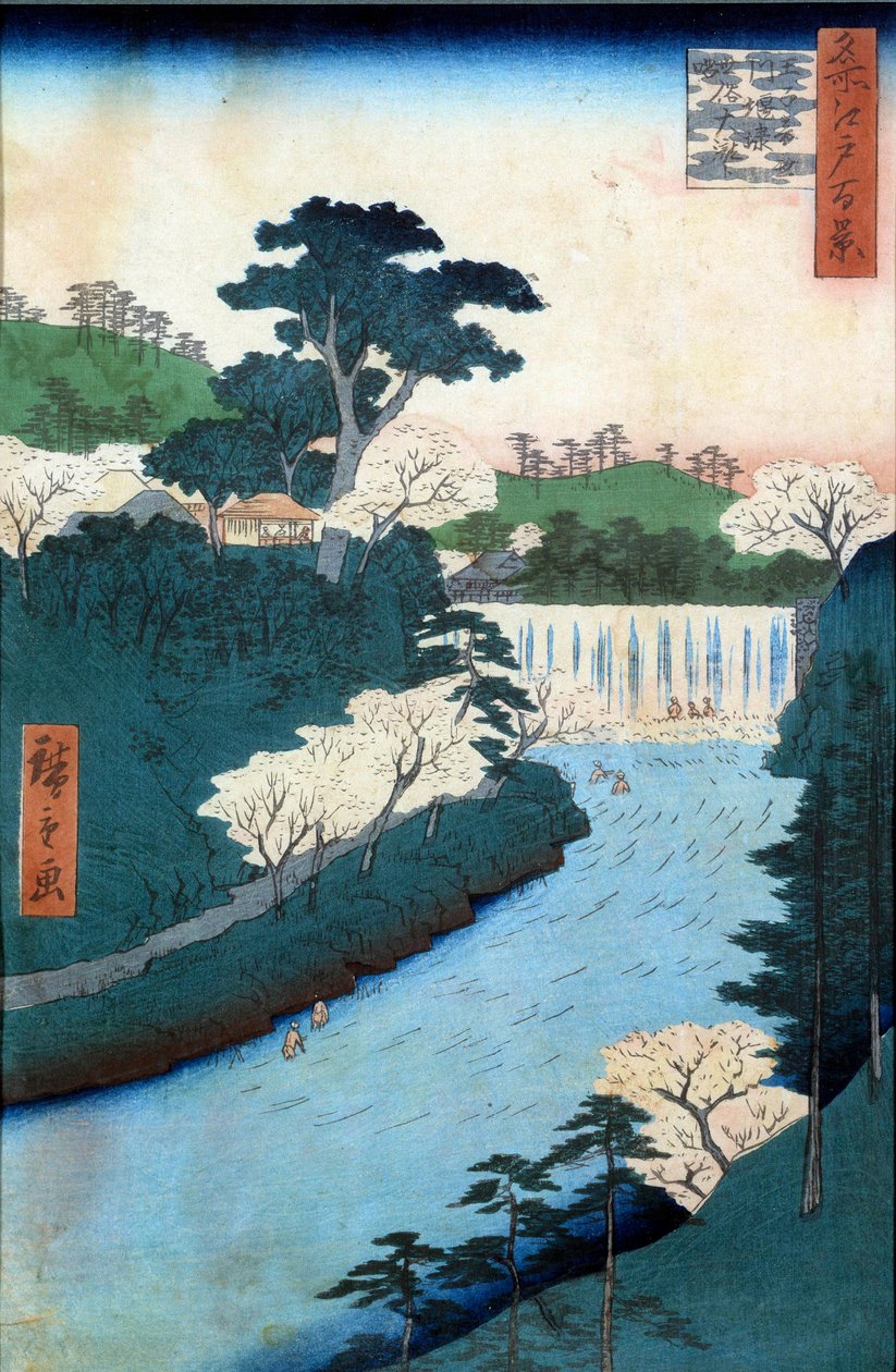 Hundrede berømte udsigter over Edo: dæmningen af Otonashioji-floden. Japansk tryk af Utagawa Hiroshige (1797-1858) 1800-tallet. Privat samling. af Ando or Utagawa Hiroshige