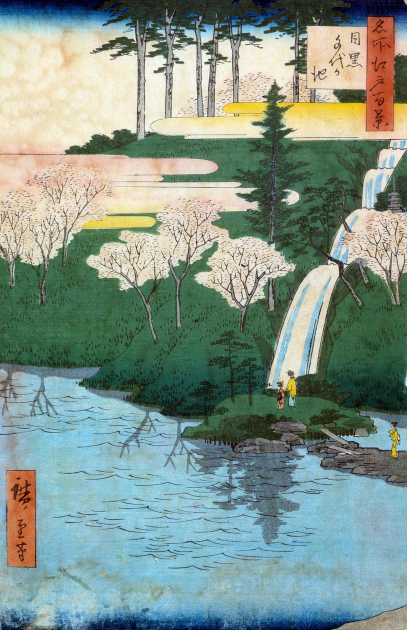 Hundrede berømte udsigter over Edo; udsigt over Chiyo a Meguro dam. Japansk tryk af Utagawa Hiroshige (1797-1858) 1800-tallet. Privat samling af Ando or Utagawa Hiroshige