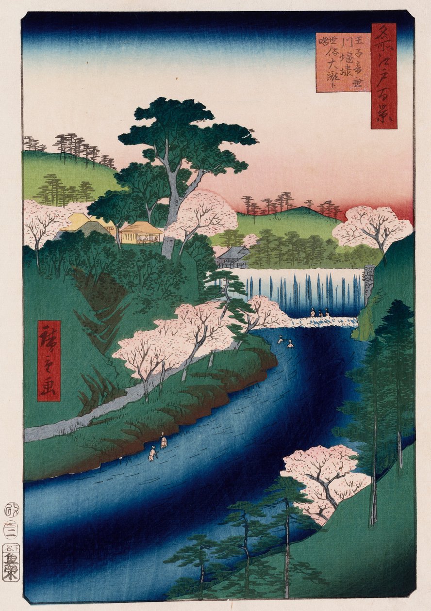 Otonashi River Dam, Oji, populært kaldet Great Waterfall, fra serien "One Hundred Views of Famous Places in Edo" af Ando or Utagawa Hiroshige