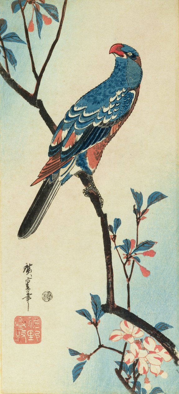 Papegøje på en gren (træbloktryk) af Ando or Utagawa Hiroshige