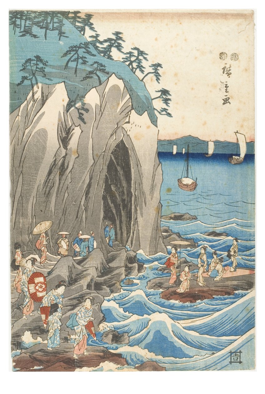 Pilgrimsrejse til udstillingen af Benzaiten-statuen i hovedhelligdommen i Iwaya ved Enoshima i provinsen Sagami, ca. 1847-1852 (træbloktryk på papir) af Ando or Utagawa Hiroshige