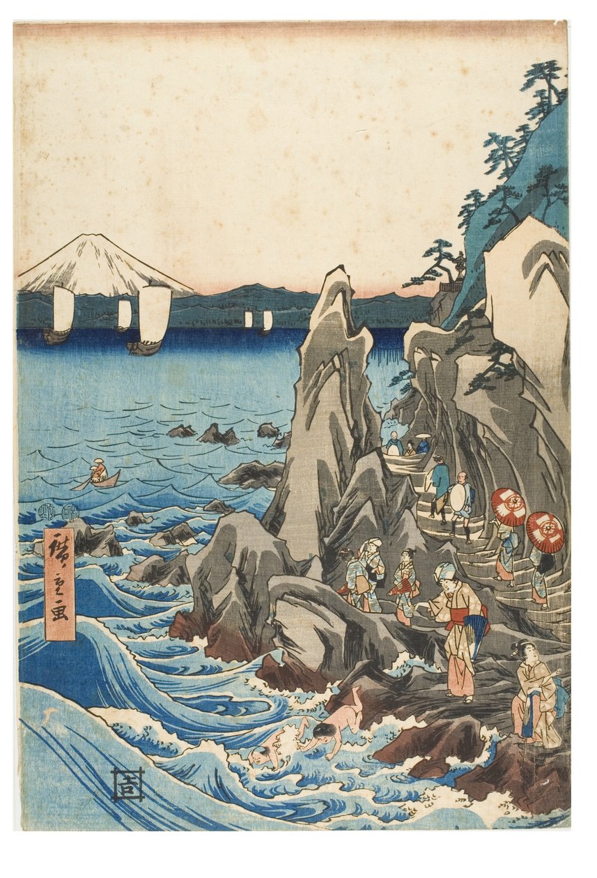 Pilgrimsrejse til udstillingen af Benzaiten-statuen i hovedhelligdommen i Iwaya ved Enoshima i provinsen Sagami, ca. 1847-1852 (træbloktryk på papir) af Ando or Utagawa Hiroshige