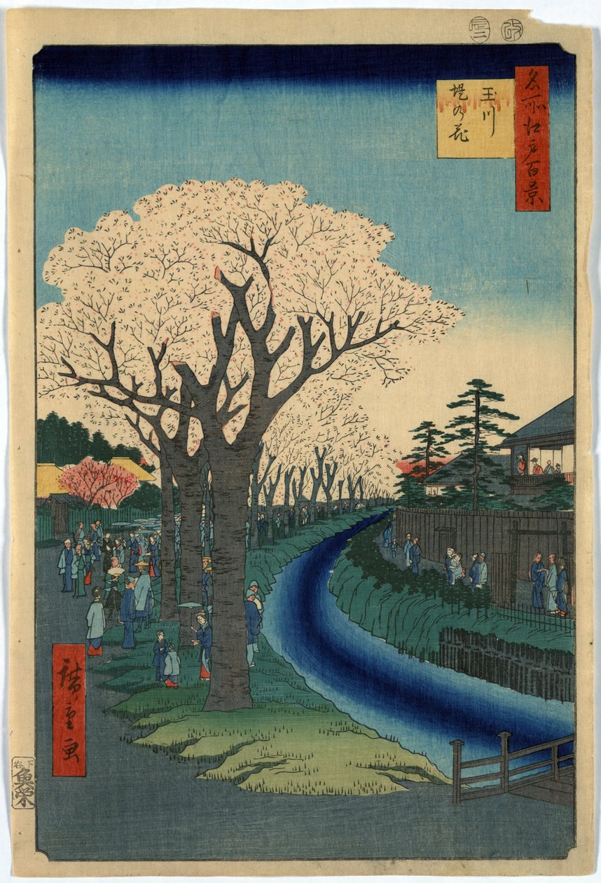 Print viser sightseere, der ser kirsebærblomster langs bredden af Tama-floden ved Edo, træsnit af Ando Hiroshige af Ando or Utagawa Hiroshige