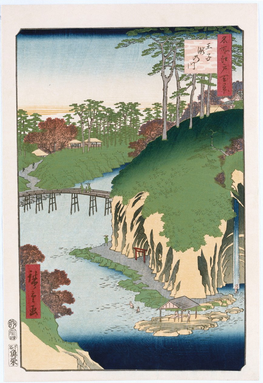 River of Waterfalls, Oji", fra serien "One Hundred Views of Famous Places in Edo" af Ando or Utagawa Hiroshige