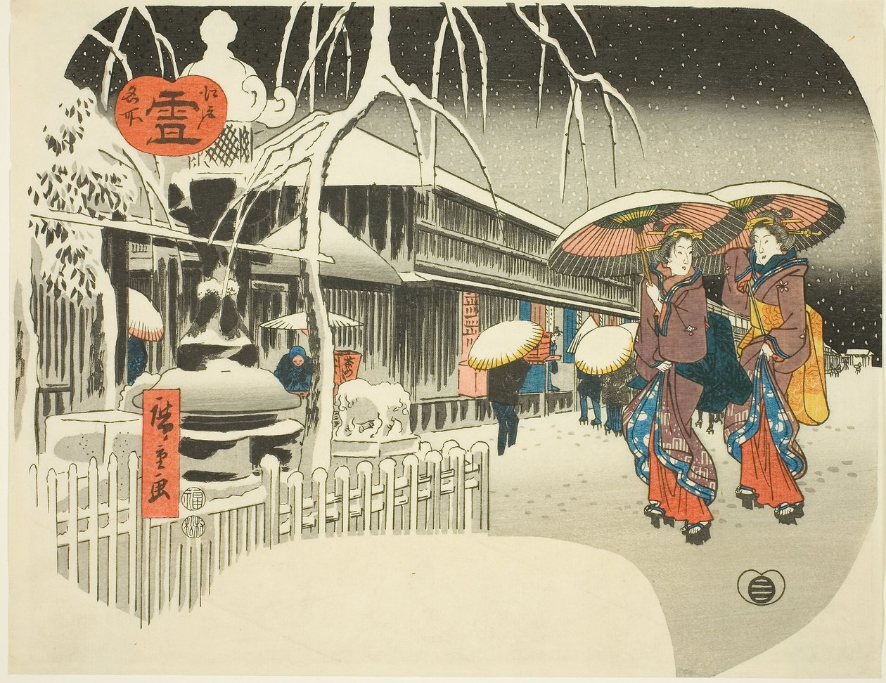 Snow (Yuki), fra serien "Famous Places of Edo, ca. 1849-52 (farvet træbloktryk; uchiwa-e) af Ando or Utagawa Hiroshige
