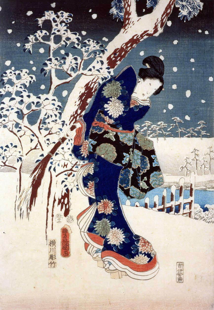 Snescene i en Daimyos have, en del af Triptykon (silketryk) af Ando or Utagawa Hiroshige