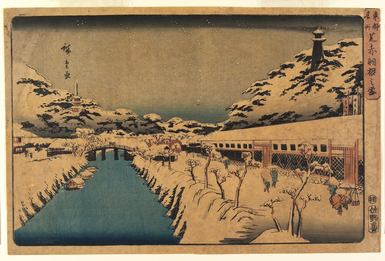 Sne ved Akabane Bridge i Shiba, 1844-45 af Ando or Utagawa Hiroshige