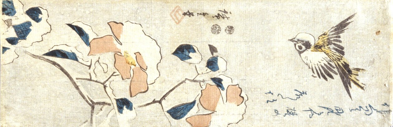 Sparrow And Snow-Laden Camelia (farvet træblok print) af Ando or Utagawa Hiroshige