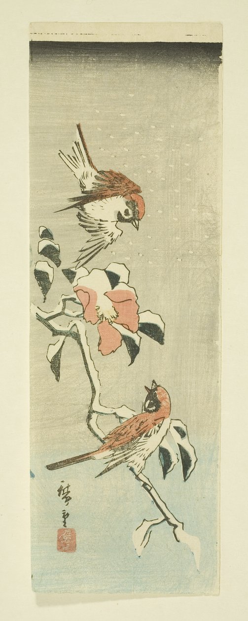 Spurve og Camellia i sne (farvet træbloktryk) af Ando or Utagawa Hiroshige