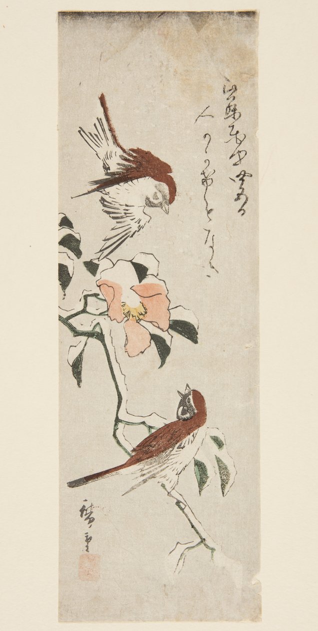 Spurve og kamelia i sne (farvet træbloktryk) af Ando or Utagawa Hiroshige