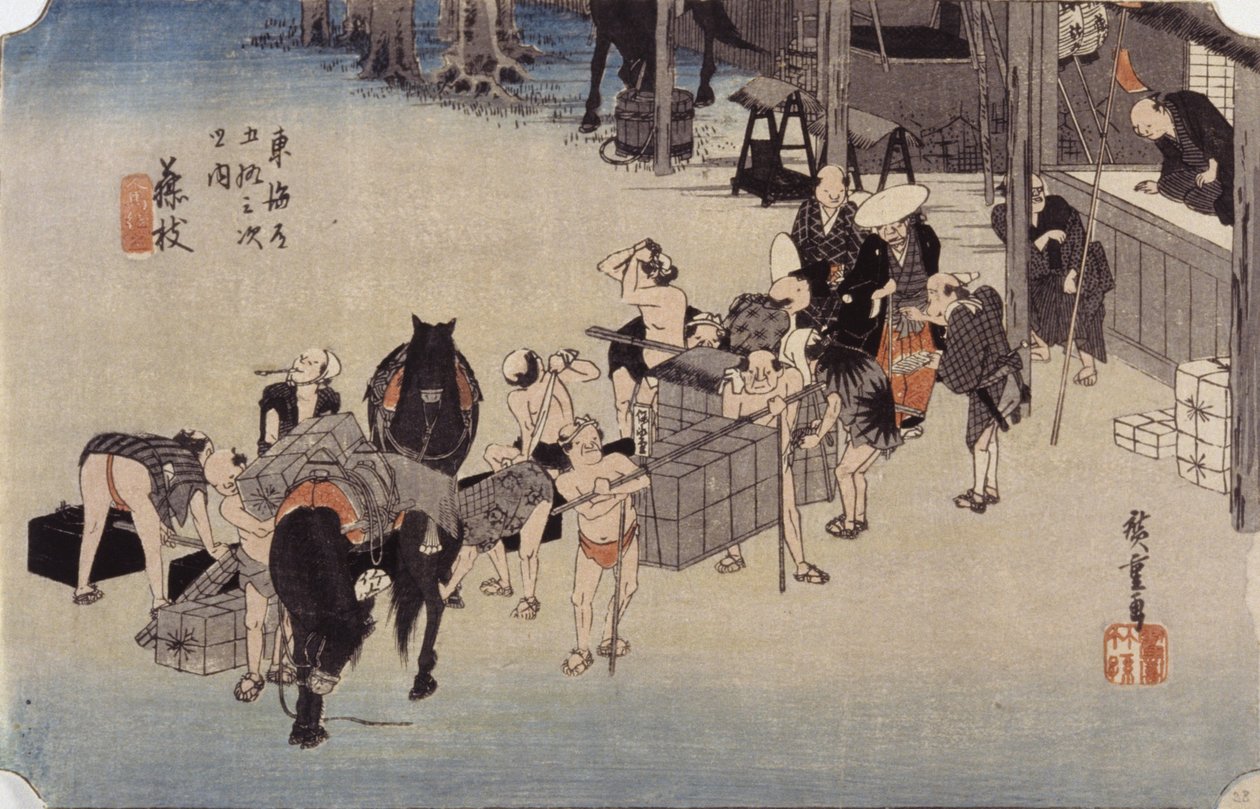 Station 23, Fujieda (træbloktryk i farver) af Ando or Utagawa Hiroshige