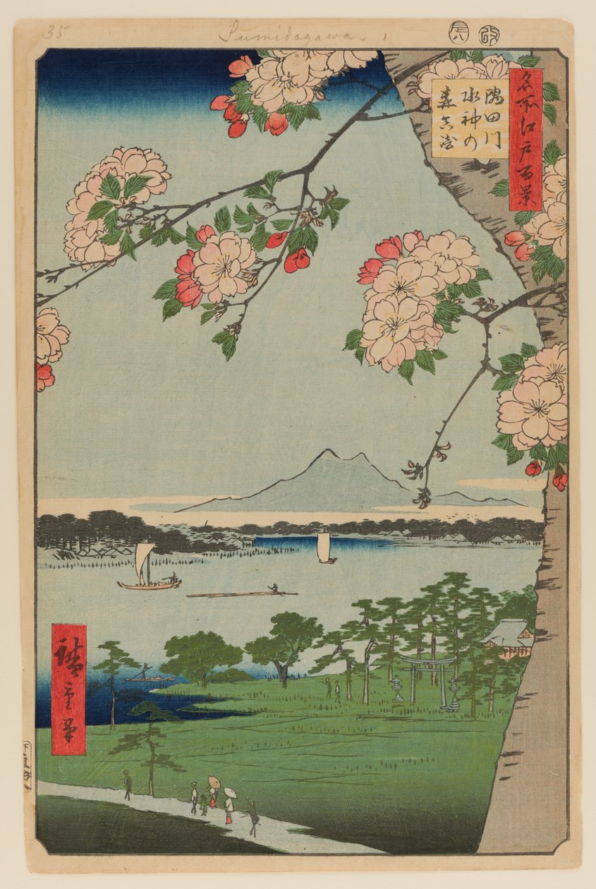 Suijin-helligdommen og Massaki ved Sumida-floden (Sumidagawa Suijin no Mori Massaki) af Ando or Utagawa Hiroshige
