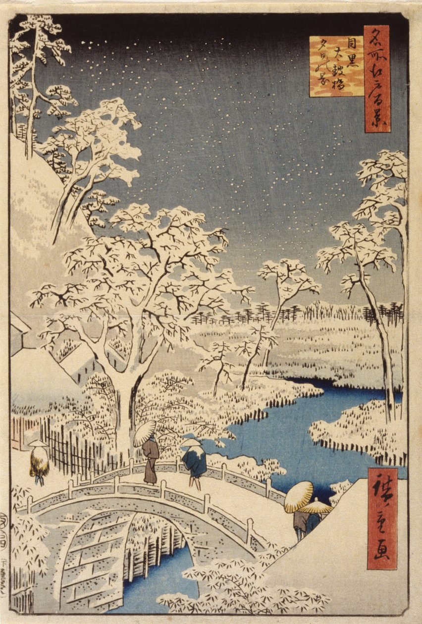 Taiko-broen og solnedgangsbakken i Meguro (træbloktryk i farver) af Ando or Utagawa Hiroshige