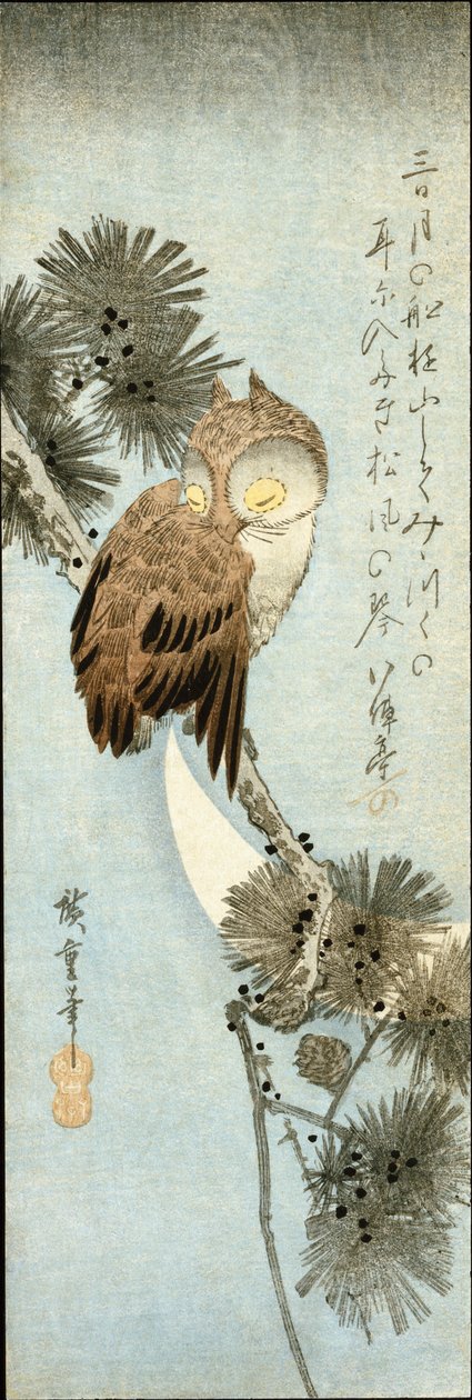 Halvmånen og ugle sat på fyrregrene af Ando or Utagawa Hiroshige
