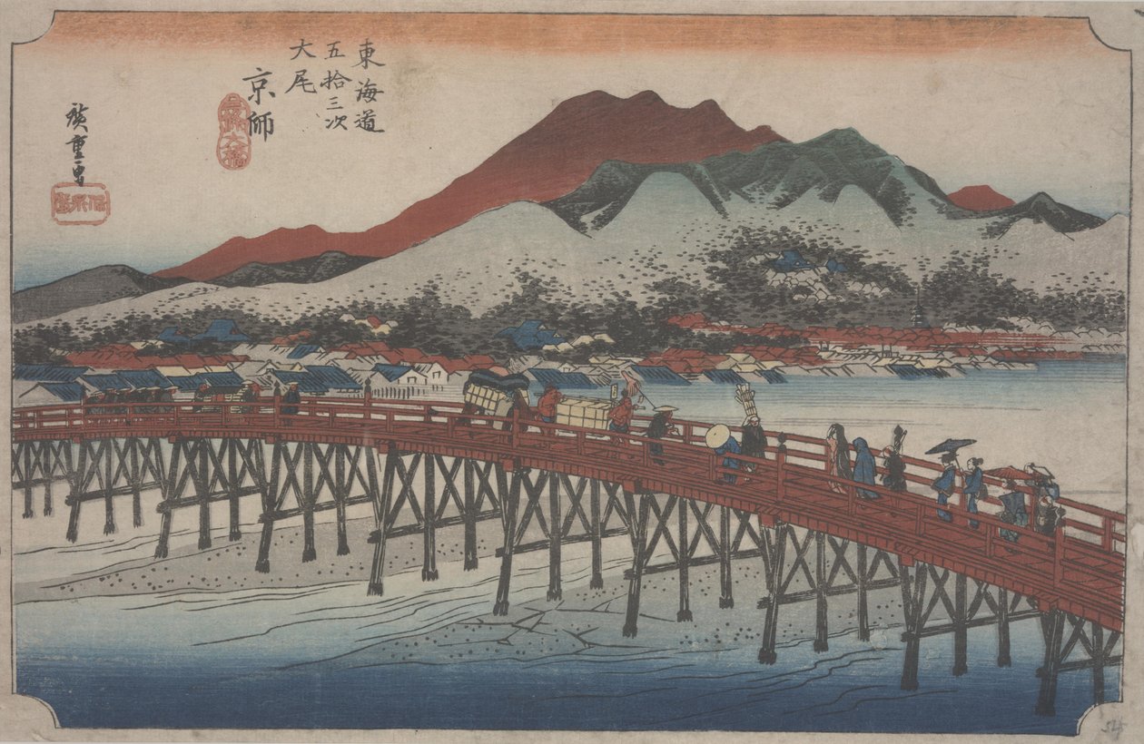 The Great Sanjo Bridge, 1834dani af Ando or Utagawa Hiroshige