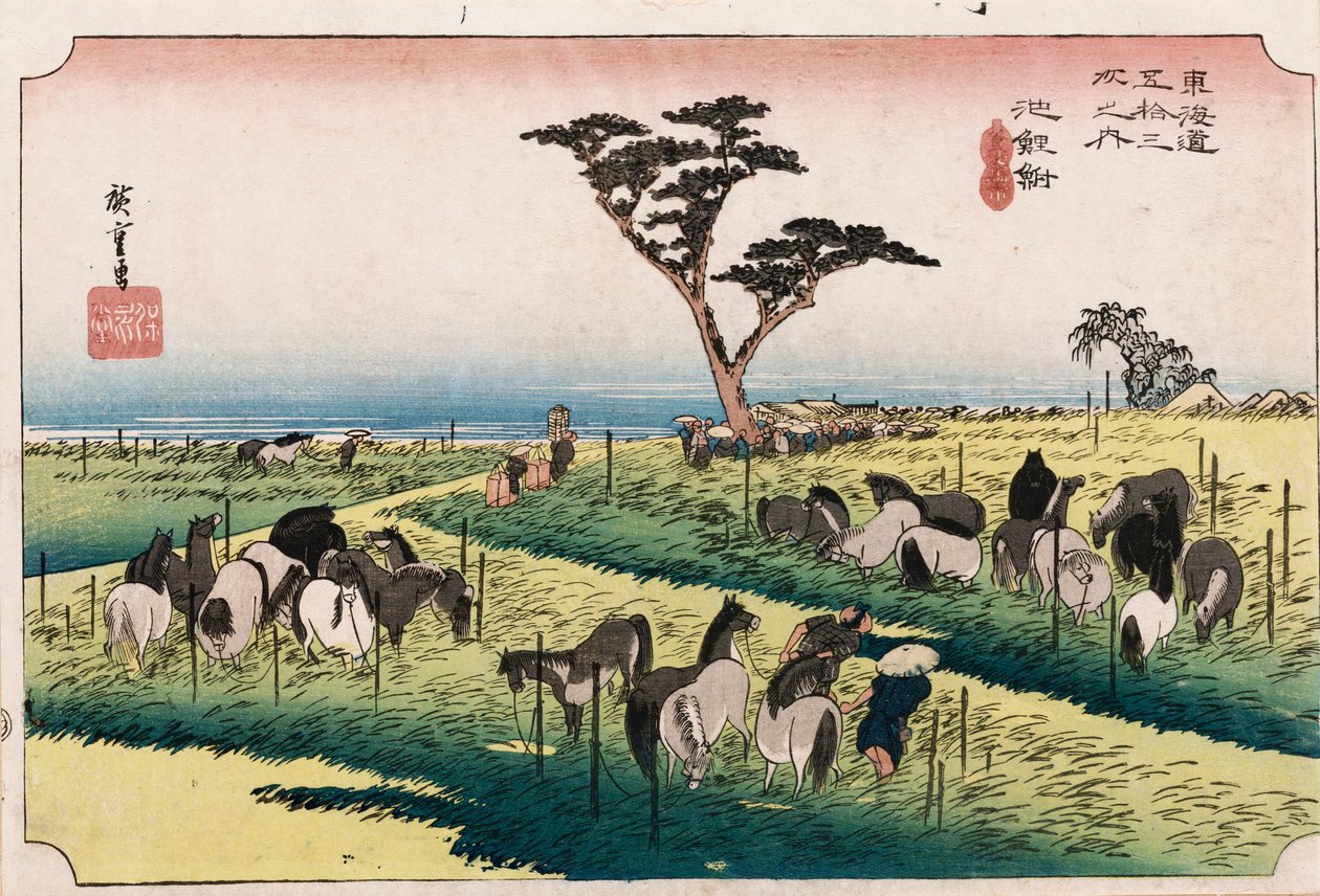 Hestemarkedet i den fjerde måned i Chiryu", fra serien "The Fifty-Three Stations of The Tokaido", ca. 1834 af Ando or Utagawa Hiroshige