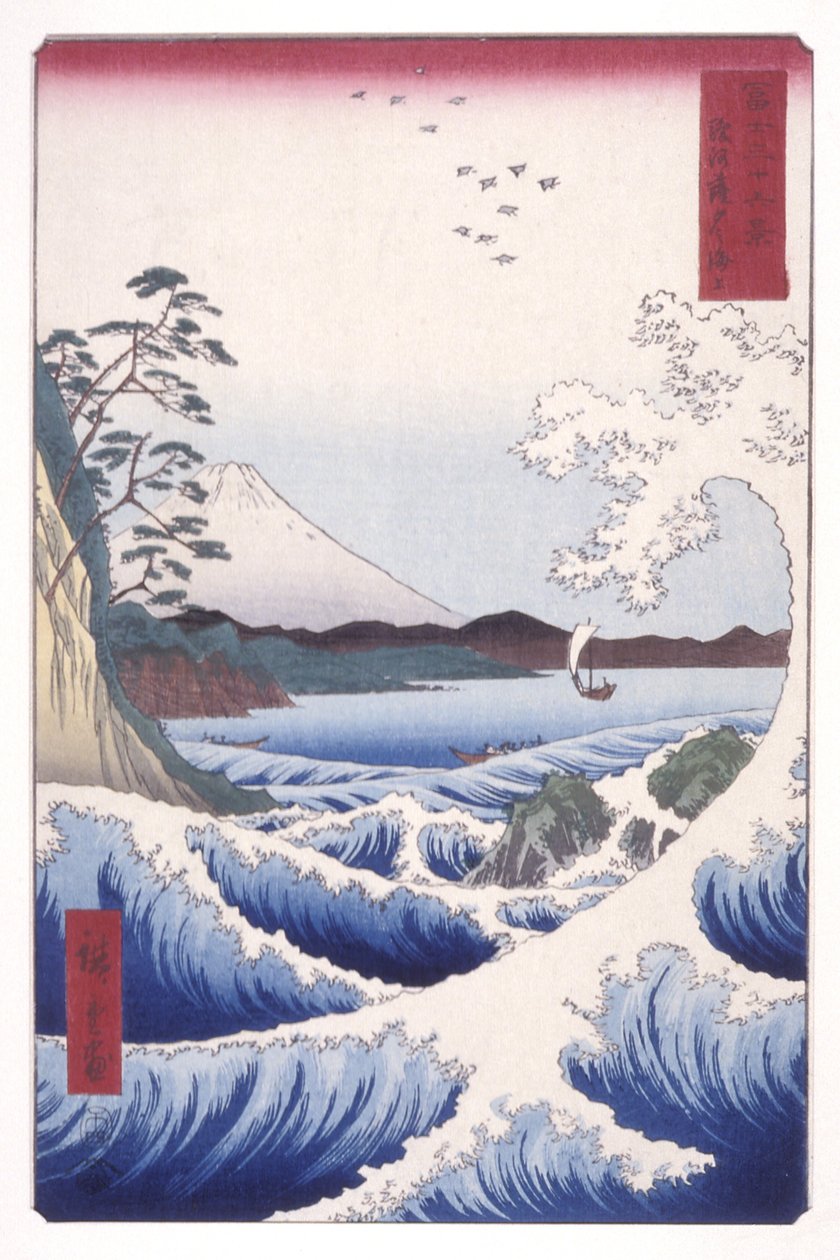 Havet ved Satta i Suruga-provinsen (Suruga Satta No Kaij?) (træblok i farver) af Ando or Utagawa Hiroshige
