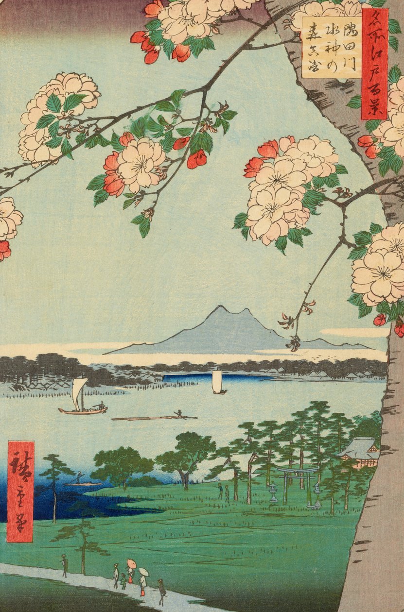 Suijin-skoven og Massaki ved Sumida-floden af Ando or Utagawa Hiroshige