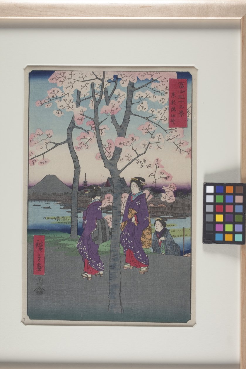 Sumida-dæmningen i den østlige hovedstad (T?to: Sumida Tei) (træblok i farver) af Ando or Utagawa Hiroshige