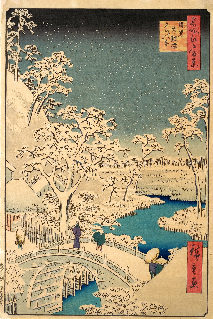 Taiko-broen og Yuhi-højen ved Meguro, fra The Hundred Famous Views of Edo, pub.1857 af Ando or Utagawa Hiroshige