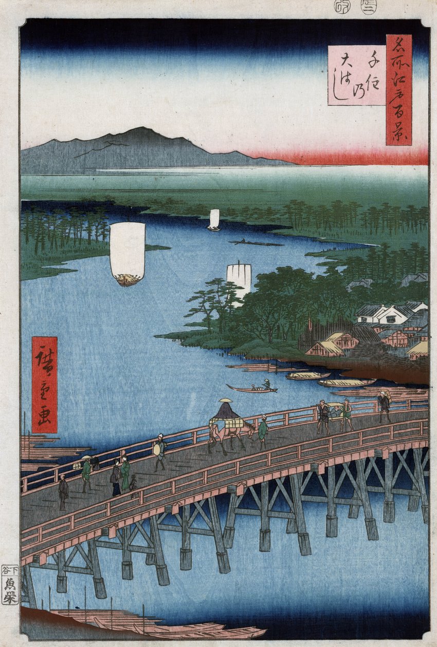 Senjus store bro krydser Sumida-floden med bjerge i baggrunden, træsnit af Ando Hiroshige af Ando or Utagawa Hiroshige