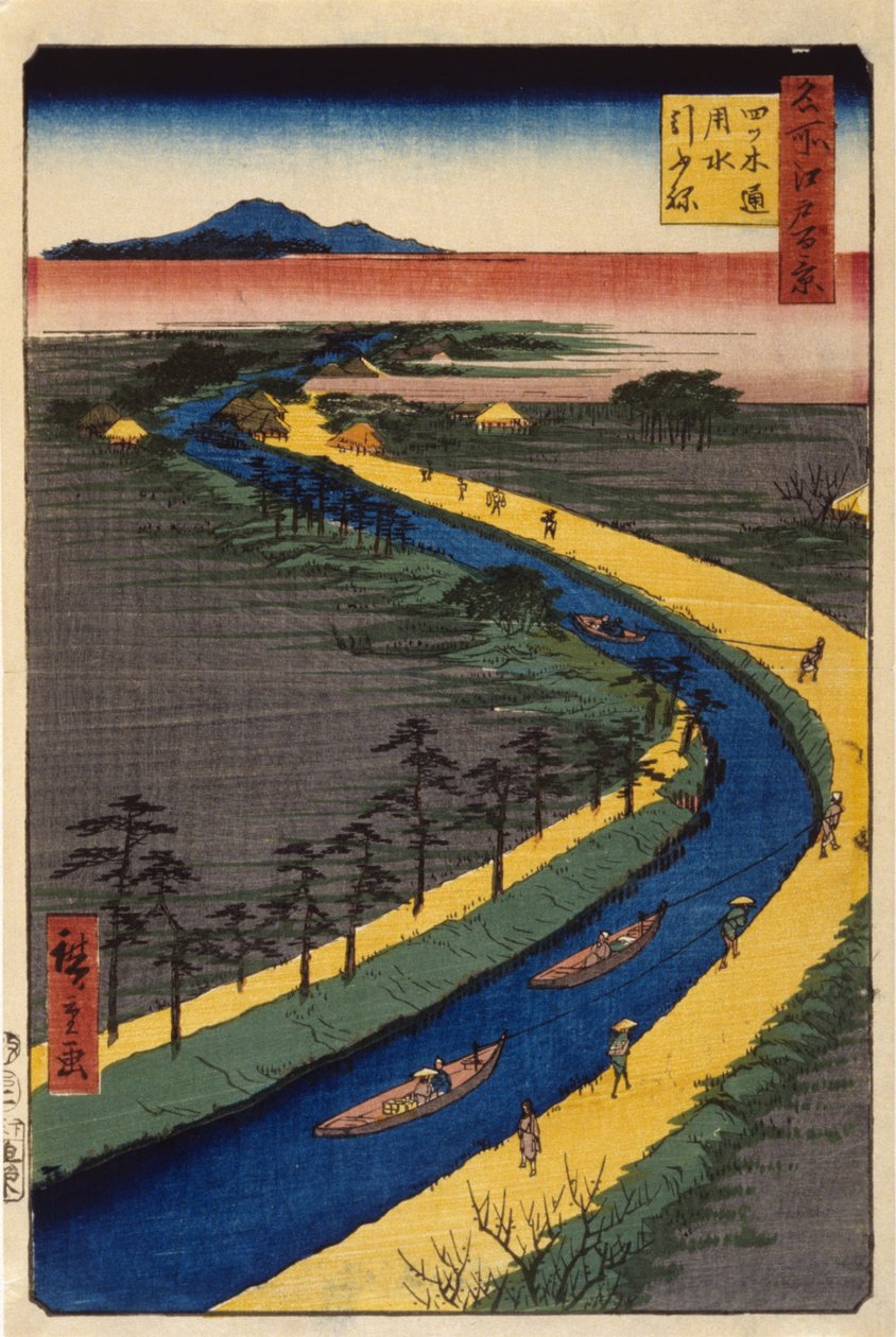Trækbåde på Yotsugid?ri-kanalen (træblok i farver) af Ando or Utagawa Hiroshige