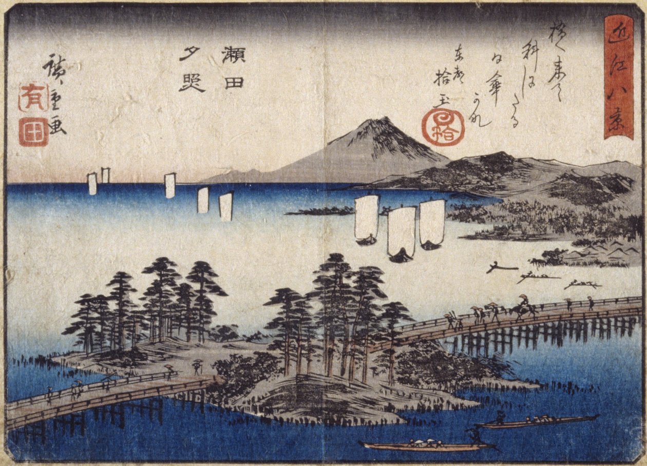 Twilight Glow At Seta (træbloktryk i farver) af Ando or Utagawa Hiroshige
