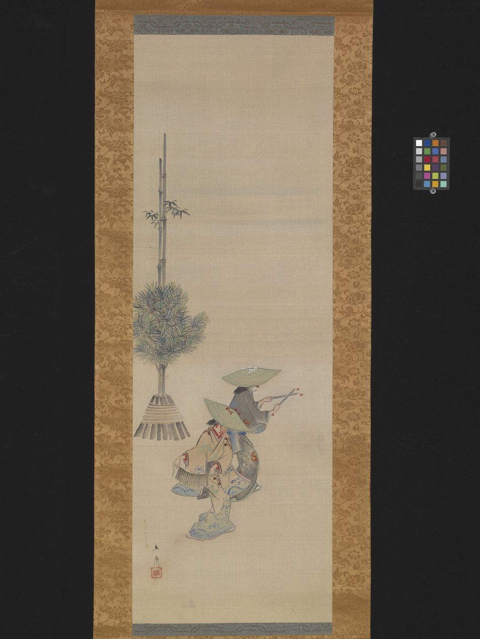 To kvinder med hatte danser (blæk og farve på silke) af Ando or Utagawa Hiroshige