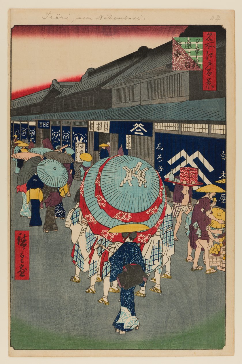 Udsigt over Nihonbashi Tori-itchome (Nihonbashi Tori-itchome Ryakuzu) af Ando or Utagawa Hiroshige