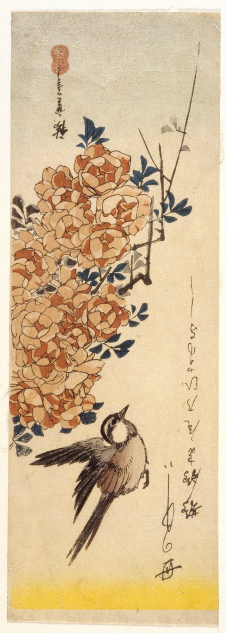 Vipstjert og roser (træbloktryk i farver) af Ando or Utagawa Hiroshige