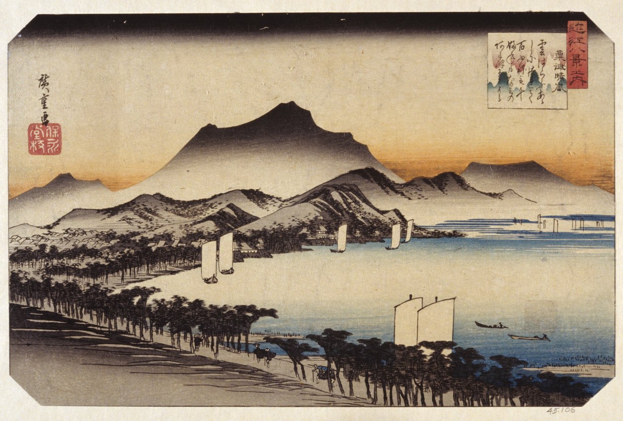 Weather Clearing At Awazu (træblok i farver) af Ando or Utagawa Hiroshige