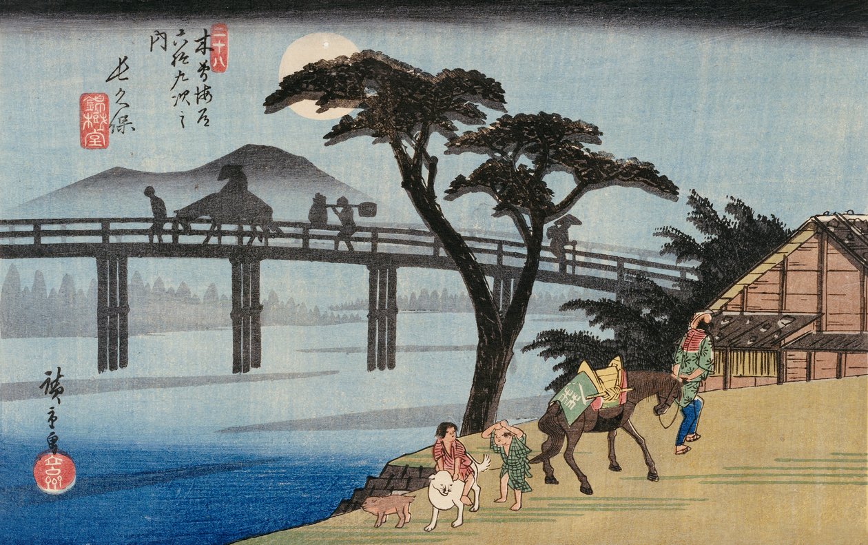 Pil ved udgangen af Shimabara, illustration fra "Famous Places of Kyoto" af Ando or Utagawa Hiroshige