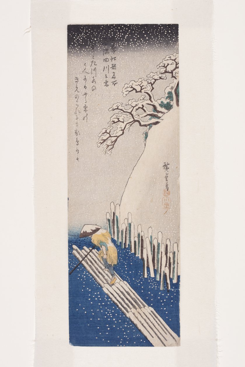 Vinter: Sne på Sumida-floden (Fuyu, Sumidagawa no yuki) (træblok i farver) af Ando or Utagawa Hiroshige