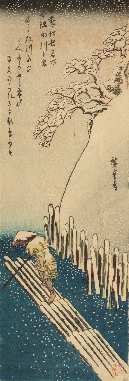 Winter Snow on the Sumida River, fra serien Famous places in Edo in the Four Seasons (træsnit) af Ando or Utagawa Hiroshige