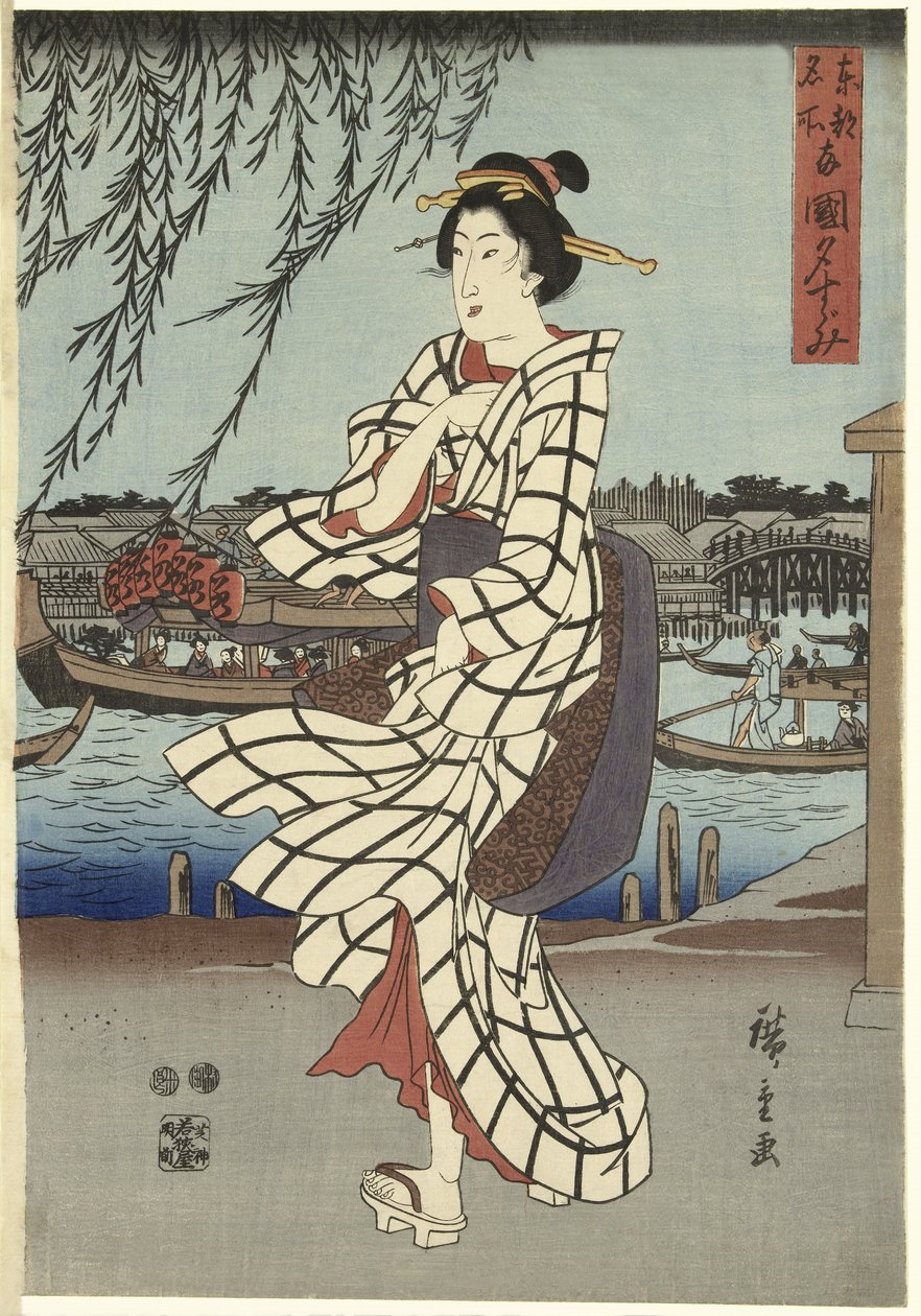 Woman Walking on a Riverbank, pub.C1848 (træblok i farver) af Ando or Utagawa Hiroshige