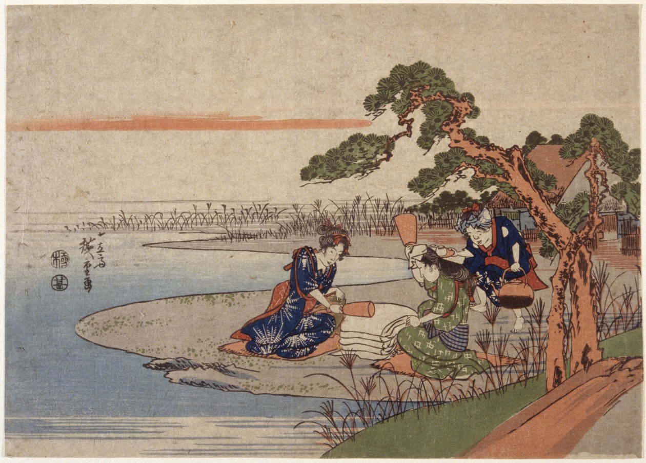 Kvinder forbereder klud (farvet træbloktryk) af Ando or Utagawa Hiroshige